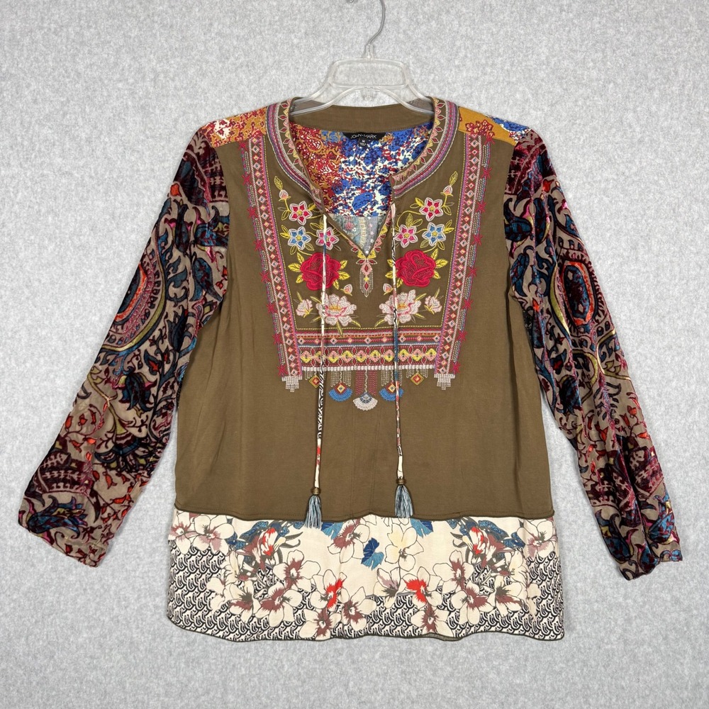 John Mark Mixed Print Embroidered Tunic Patchwork Boho Velvet Roll Tab Womens M
